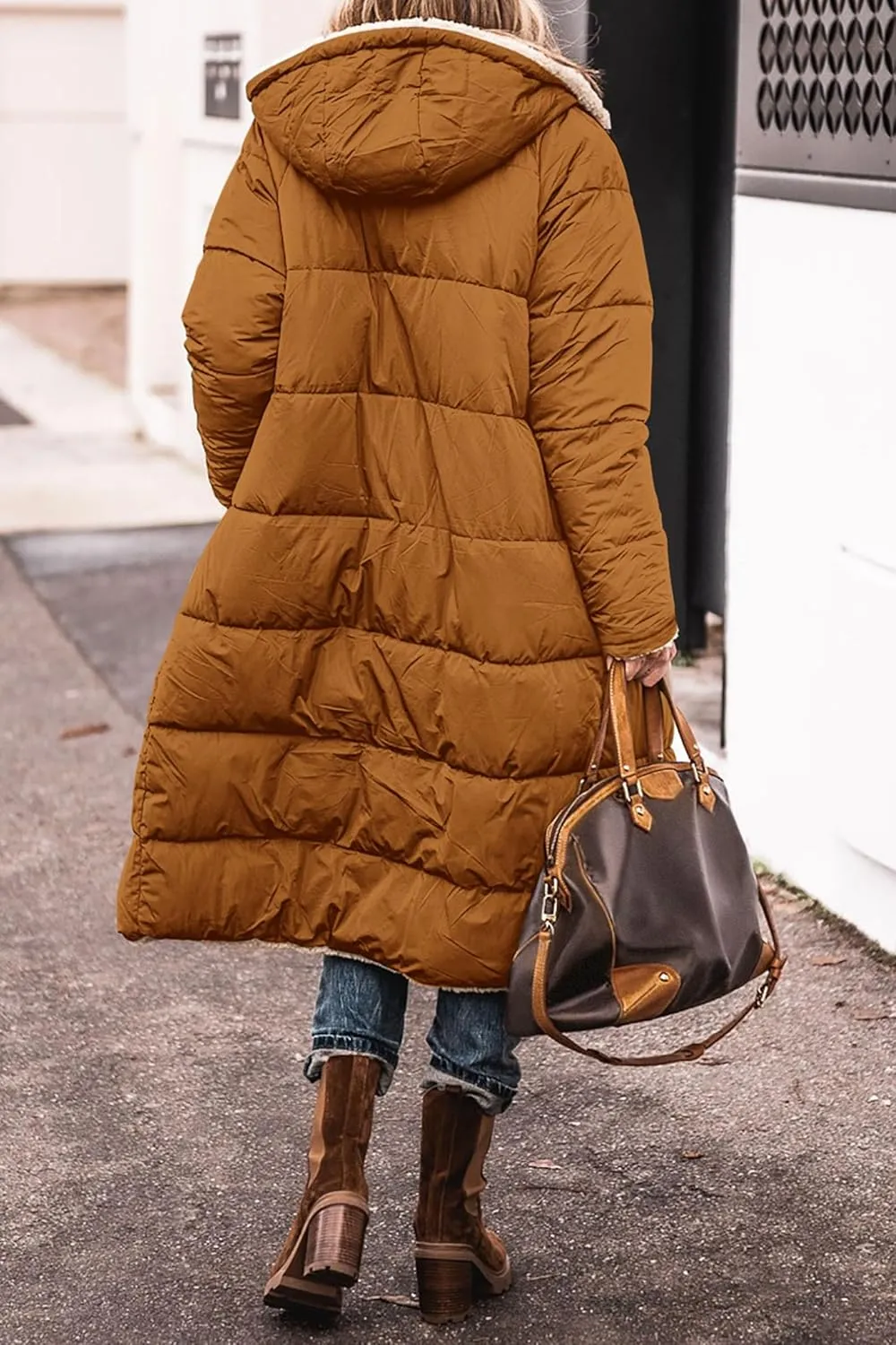 Mmoneyake Womens Reversible Sherpa Fleece Puffer Jackets Warm Winter Coats Zip Up Fall Long Hooded Outerwear Fashion Overcoat