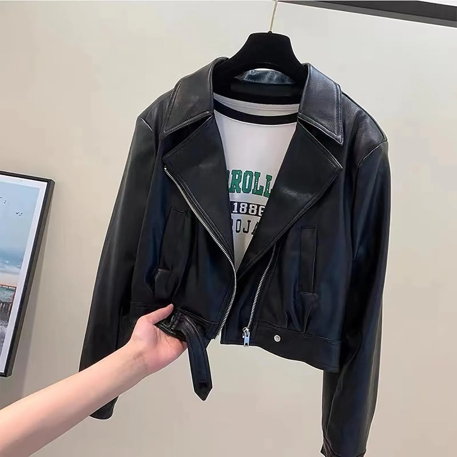 Motorcycle Leather Jacket Women Vintage Loose Short Coat with Belt Zipper Moto Biker Outwear Tops Chic Slim Lapel Outerwear