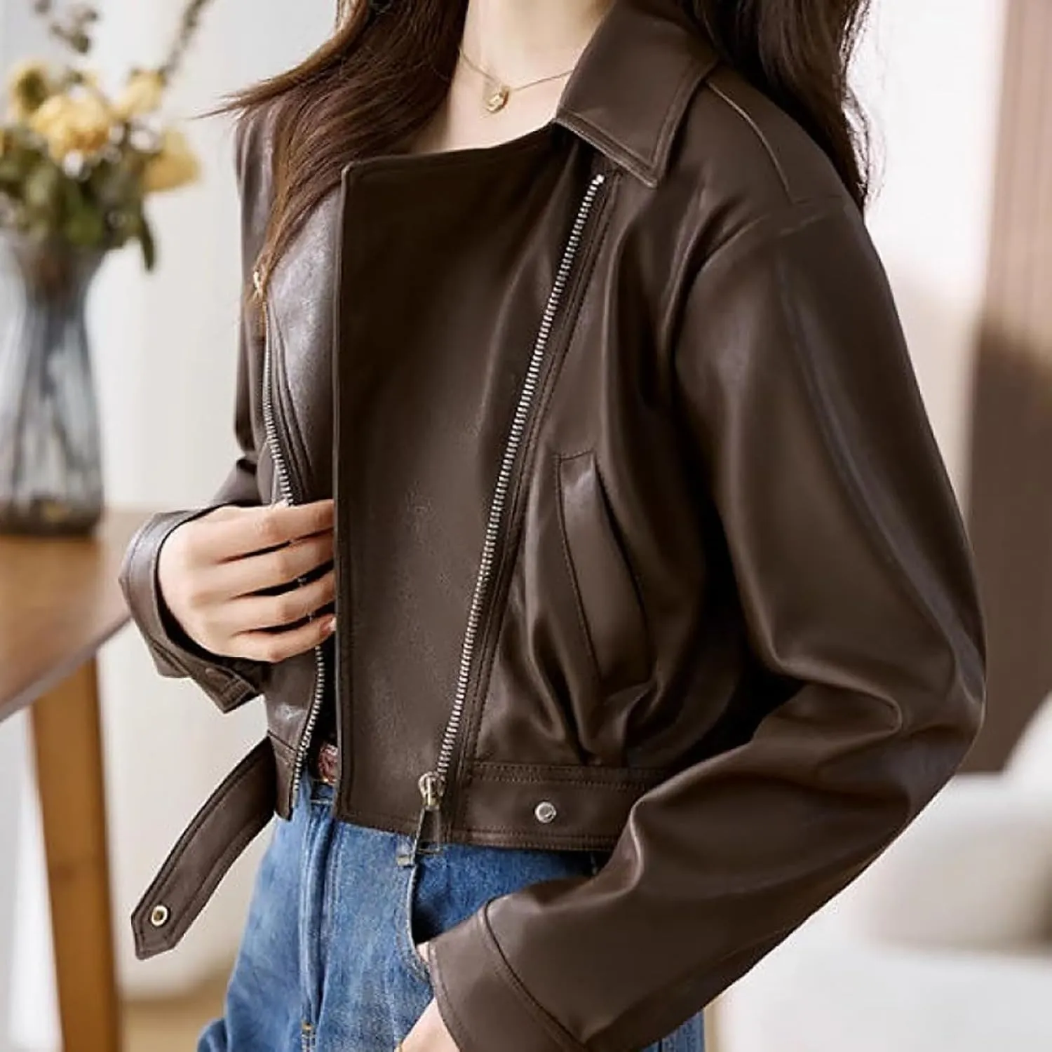 Motorcycle Leather Jacket Women Vintage Loose Short Coat with Belt Zipper Moto Biker Outwear Tops Chic Slim Lapel Outerwear