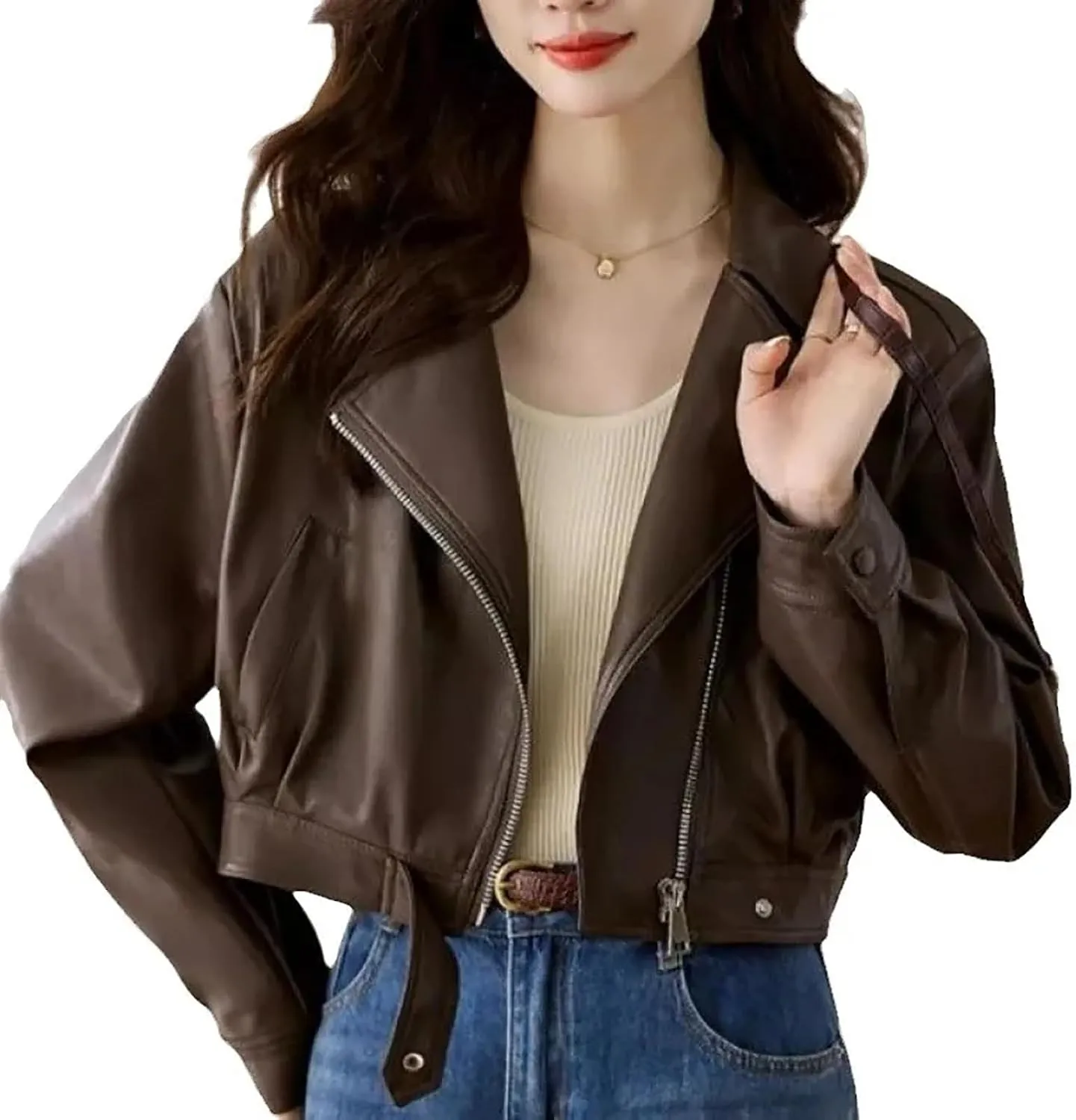 Motorcycle Leather Jacket Women Vintage Loose Short Coat with Belt Zipper Moto Biker Outwear Tops Chic Slim Lapel Outerwear