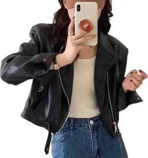 Motorcycle Leather Jacket Women Vintage Loose Short Coat with Belt Zipper Moto Biker Outwear Tops Chic Slim Lapel Outerwear