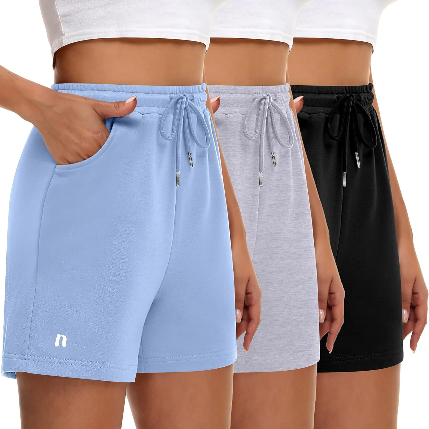 Neer 3 Pack Women's Sweat Shorts, Drawstring Running Short with Pockets, Summer Athletic Casual Walking Gym Lounge Short