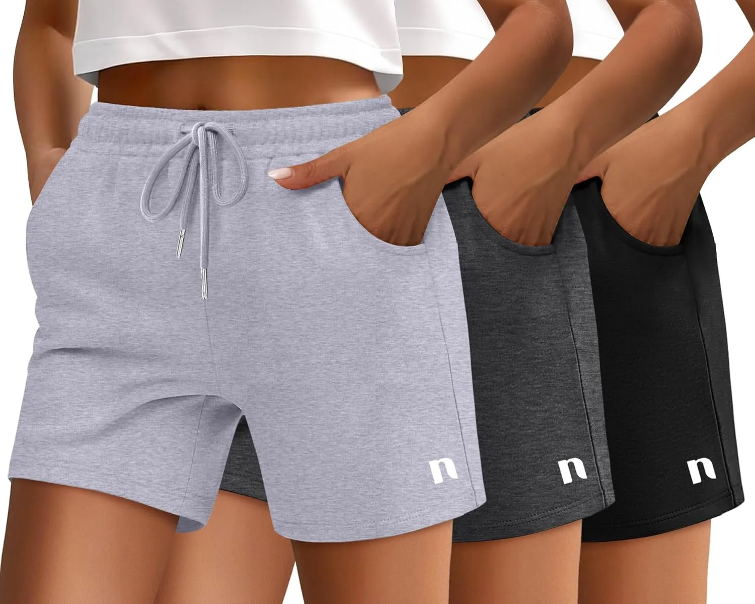 Neer 3 Pack Women's Sweat Shorts, Drawstring Running Short with Pockets, Summer Athletic Casual Walking Gym Lounge Short