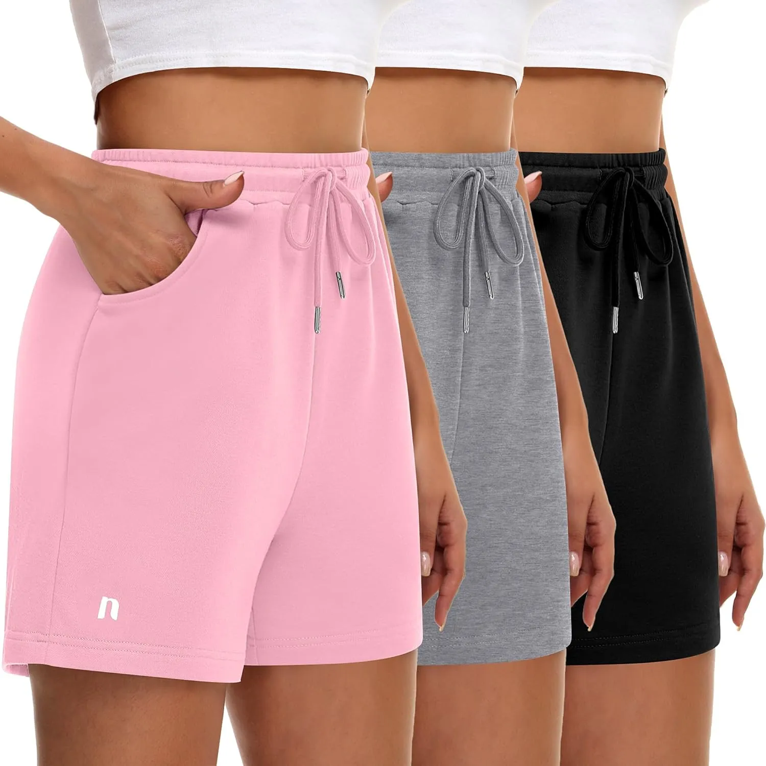 Neer 3 Pack Women's Sweat Shorts, Drawstring Running Short with Pockets, Summer Athletic Casual Walking Gym Lounge Short