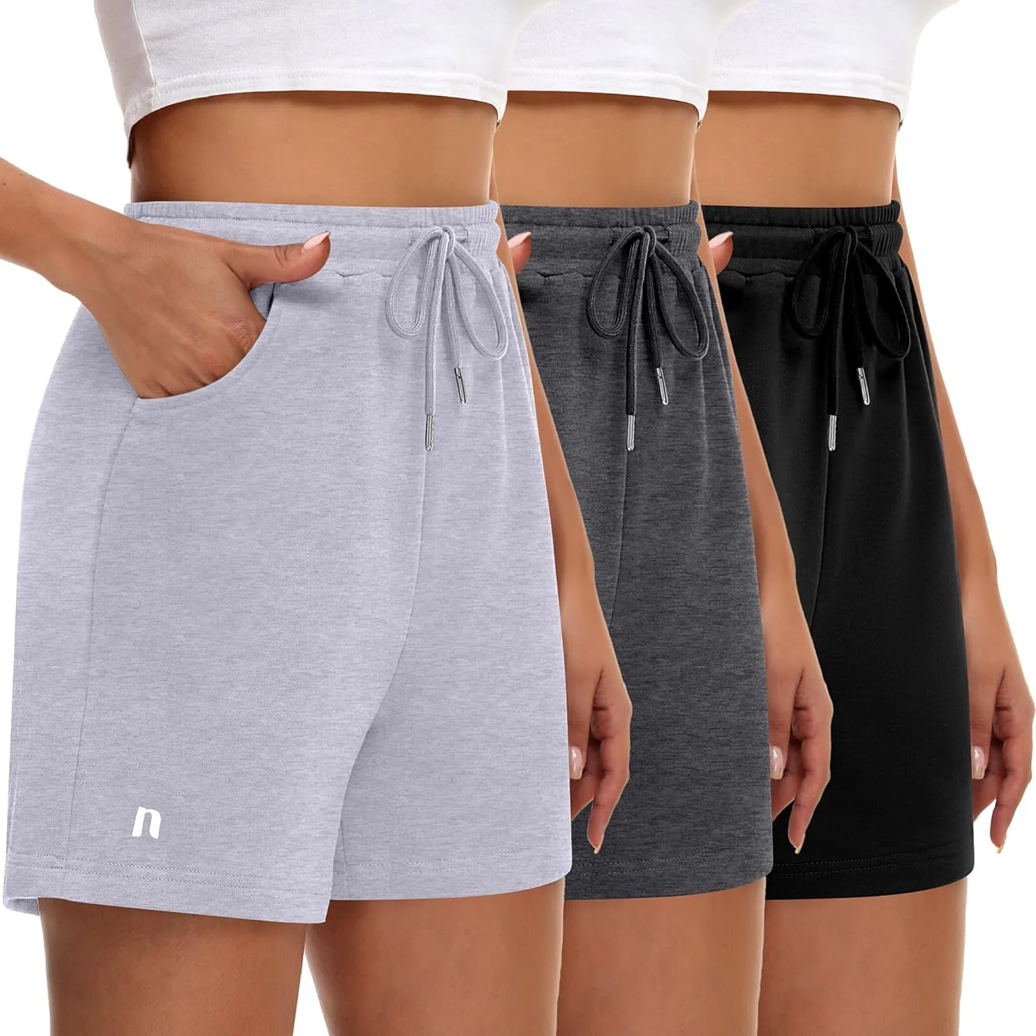 Neer 3 Pack Women's Sweat Shorts, Drawstring Running Short with Pockets, Summer Athletic Casual Walking Gym Lounge Short