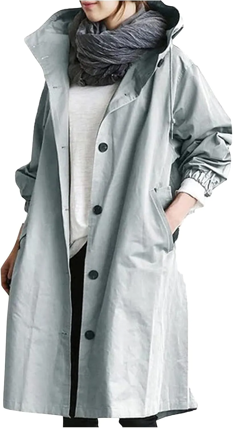 OIOLOYJM Trench Coat for Women 2024 Fall Rain Jacket Womens Waterproof with Hood Plus Size Outdoor Windbreaker Overcoat