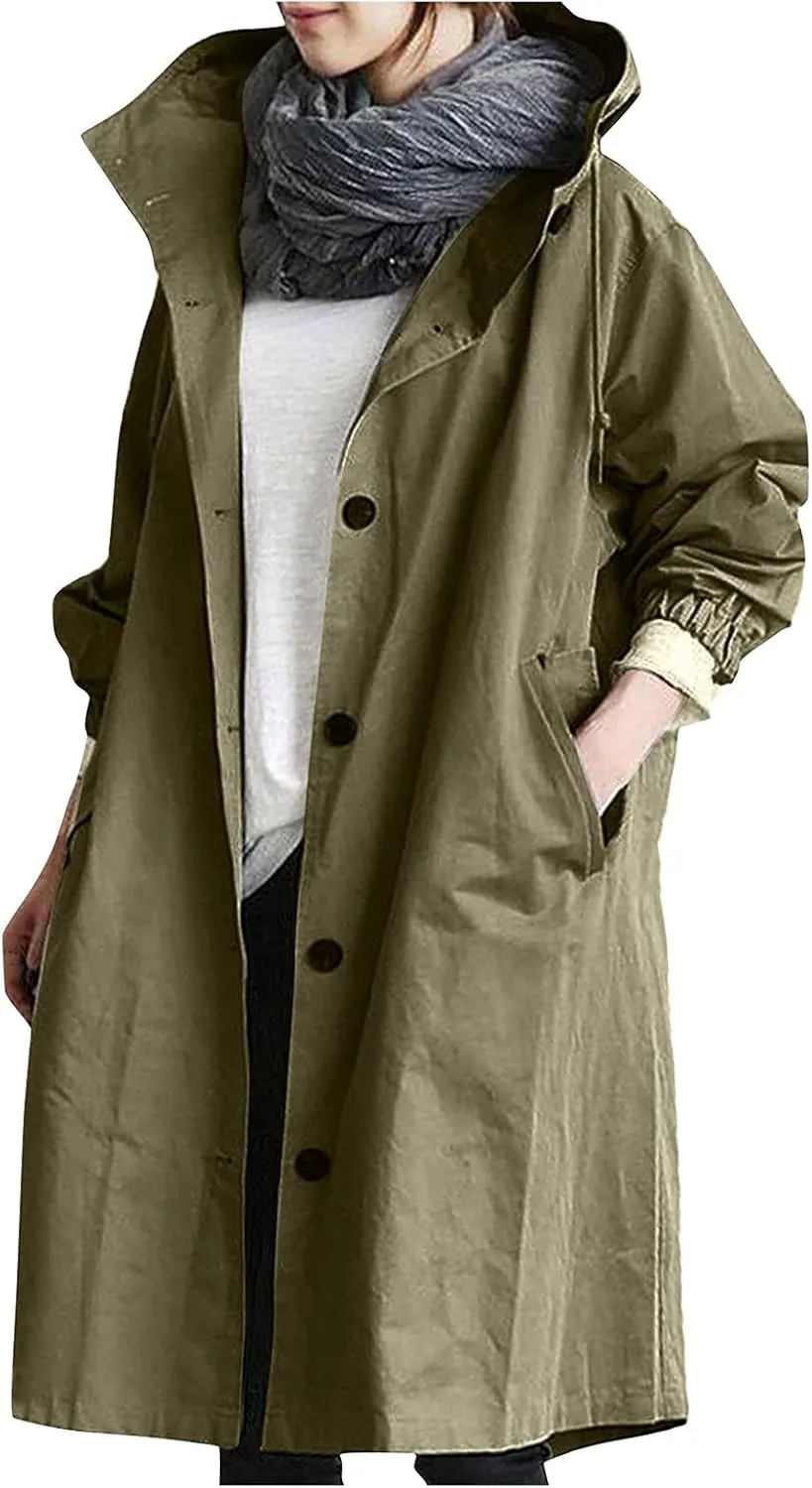 OIOLOYJM Trench Coat for Women 2024 Fall Rain Jacket Womens Waterproof with Hood Plus Size Outdoor Windbreaker Overcoat