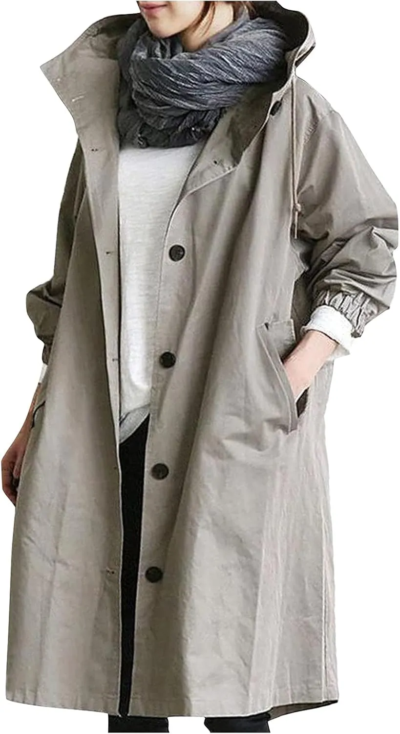 OIOLOYJM Trench Coat for Women 2024 Fall Rain Jacket Womens Waterproof with Hood Plus Size Outdoor Windbreaker Overcoat