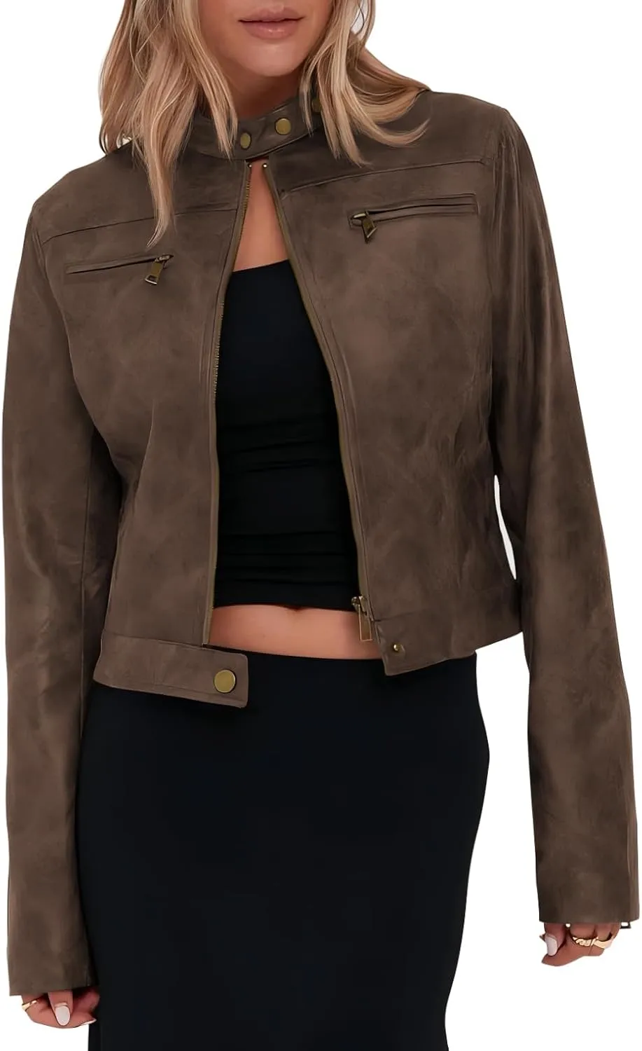 Onedreamer Women's Faux Leather Cropped jackets Casual Vintage Zip Up Stand Collar Motorcycle Short Coat Jacket