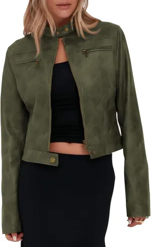 Onedreamer Women's Faux Leather Cropped jackets Casual Vintage Zip Up Stand Collar Motorcycle Short Coat Jacket