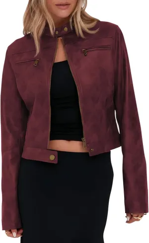 Onedreamer Women's Faux Leather Cropped jackets Casual Vintage Zip Up Stand Collar Motorcycle Short Coat Jacket