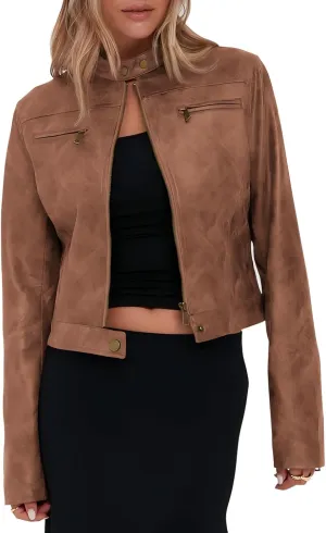 Onedreamer Women's Faux Leather Cropped jackets Casual Vintage Zip Up Stand Collar Motorcycle Short Coat Jacket