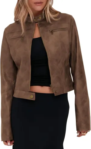 Onedreamer Women's Faux Leather Cropped jackets Casual Vintage Zip Up Stand Collar Motorcycle Short Coat Jacket