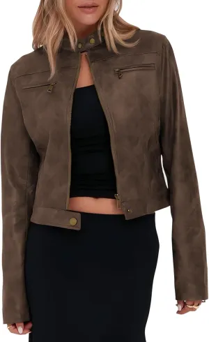 Onedreamer Women's Faux Leather Cropped jackets Casual Vintage Zip Up Stand Collar Motorcycle Short Coat Jacket