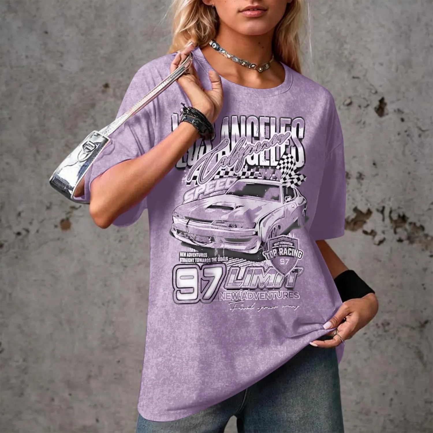 Oversized Graphic Tees for Women Baggy Streetwear Preppy Shirts for Teens Race Car Checkered Flag Drop Shoulder Top