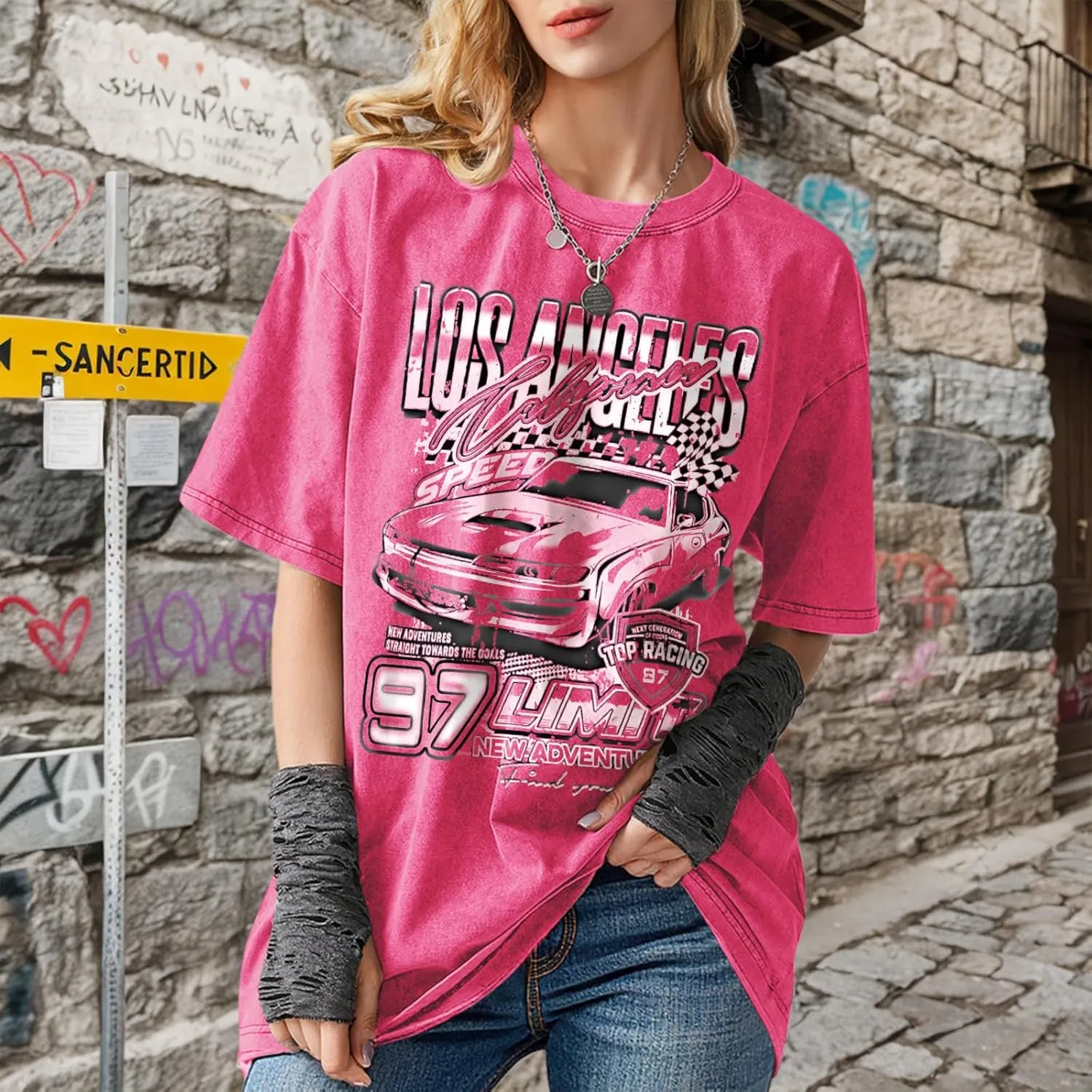 Oversized Graphic Tees for Women Baggy Streetwear Preppy Shirts for Teens Race Car Checkered Flag Drop Shoulder Top