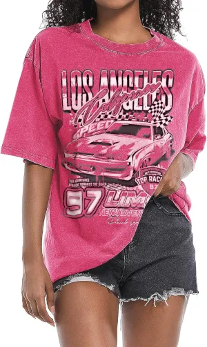 Oversized Graphic Tees for Women Baggy Streetwear Preppy Shirts for Teens Race Car Checkered Flag Drop Shoulder Top