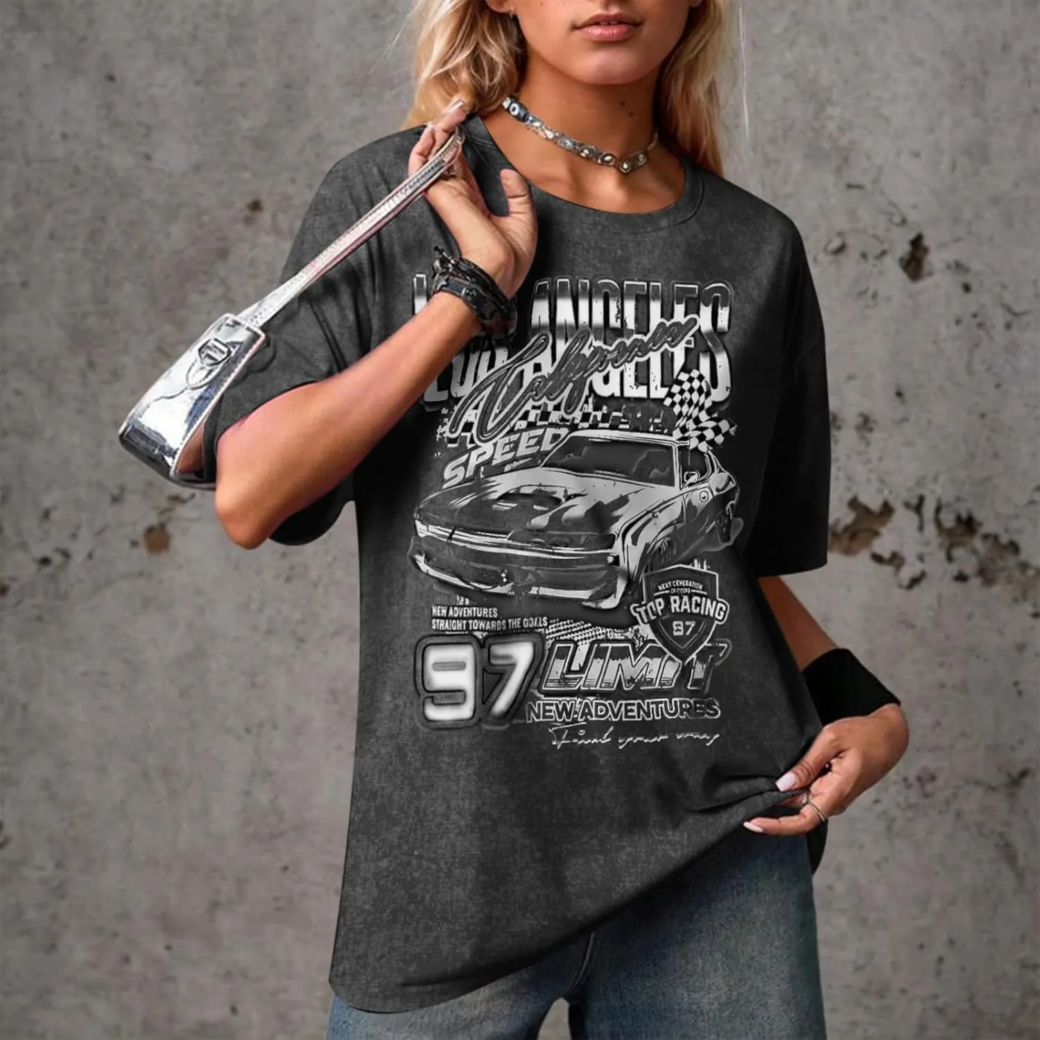 Oversized Graphic Tees for Women Baggy Streetwear Preppy Shirts for Teens Race Car Checkered Flag Drop Shoulder Top