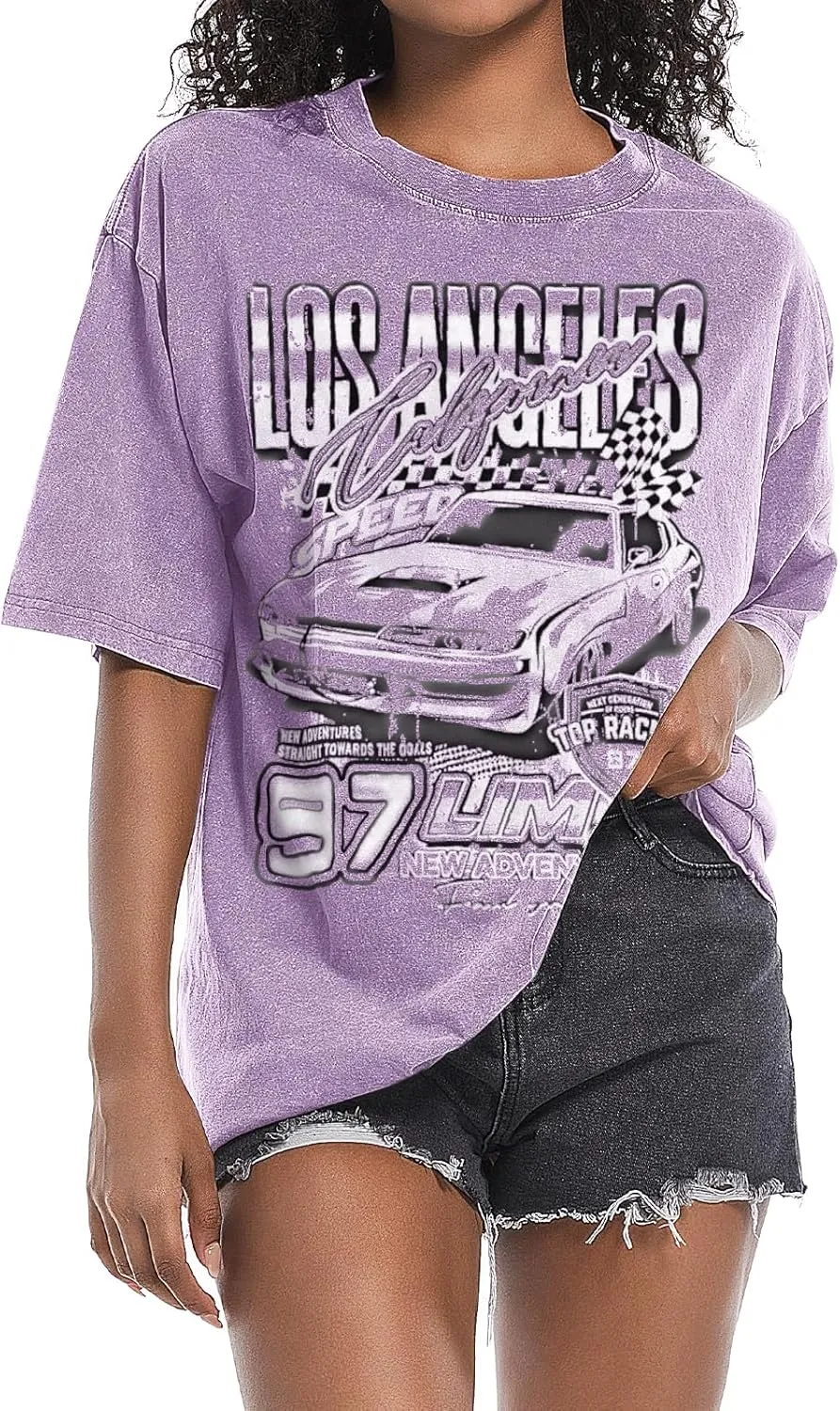 Oversized Graphic Tees for Women Baggy Streetwear Preppy Shirts for Teens Race Car Checkered Flag Drop Shoulder Top