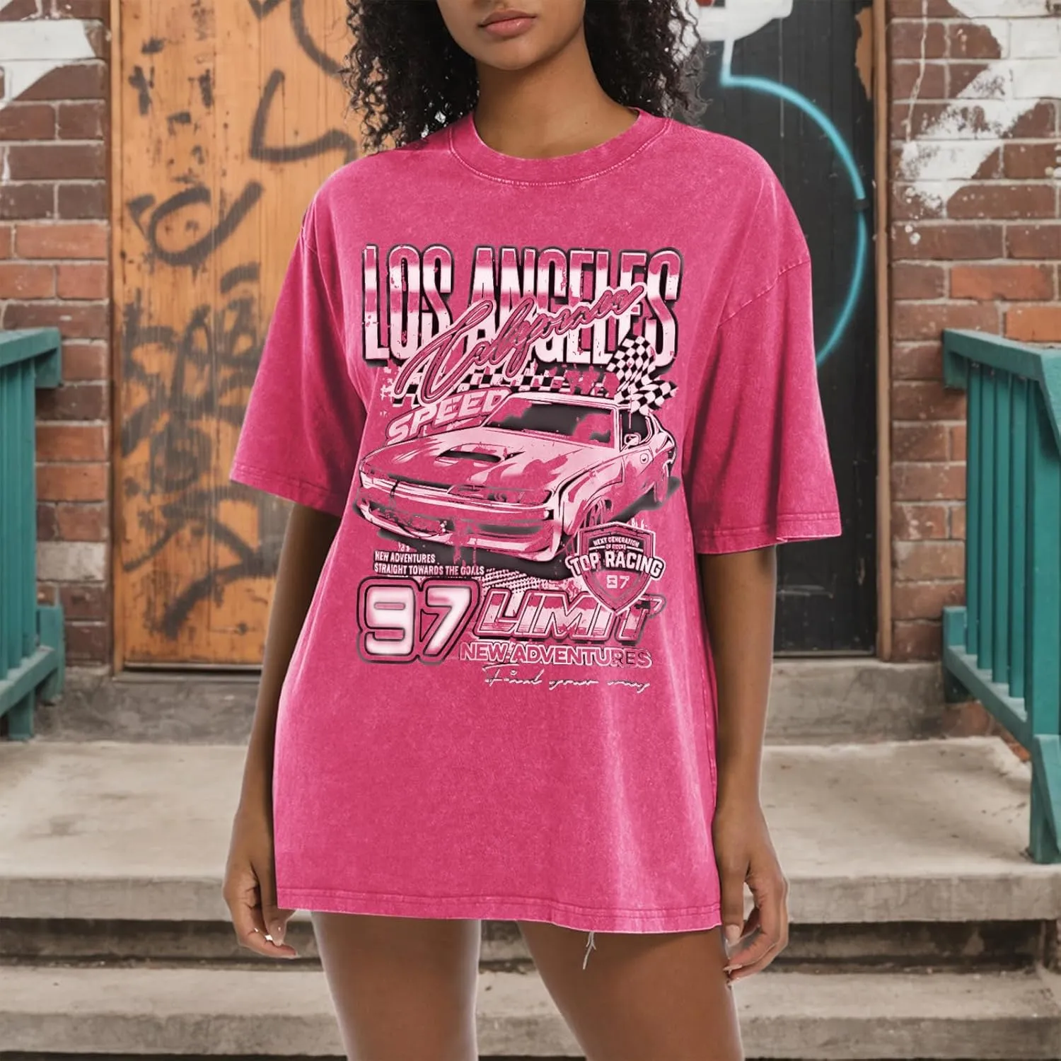 Oversized Graphic Tees for Women Baggy Streetwear Preppy Shirts for Teens Race Car Checkered Flag Drop Shoulder Top