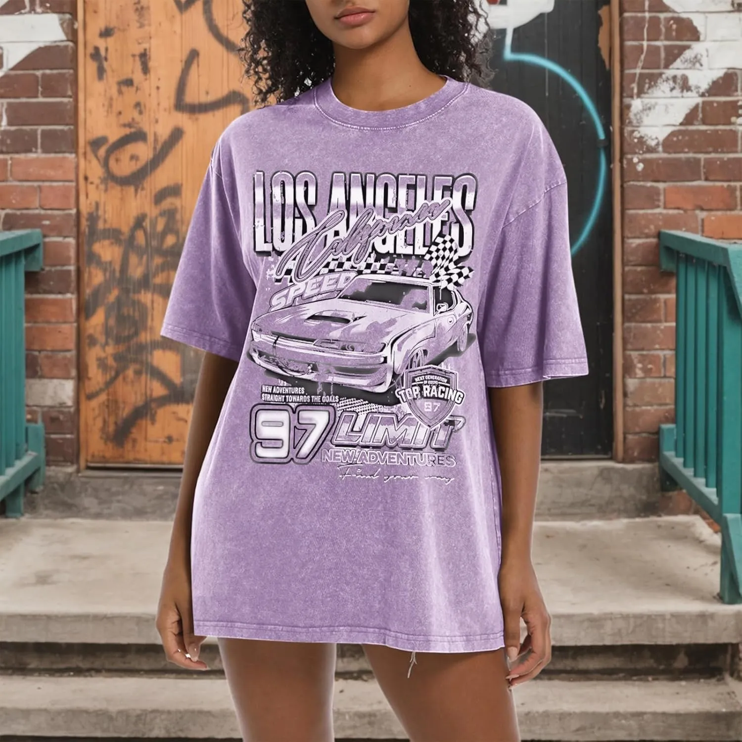 Oversized Graphic Tees for Women Baggy Streetwear Preppy Shirts for Teens Race Car Checkered Flag Drop Shoulder Top