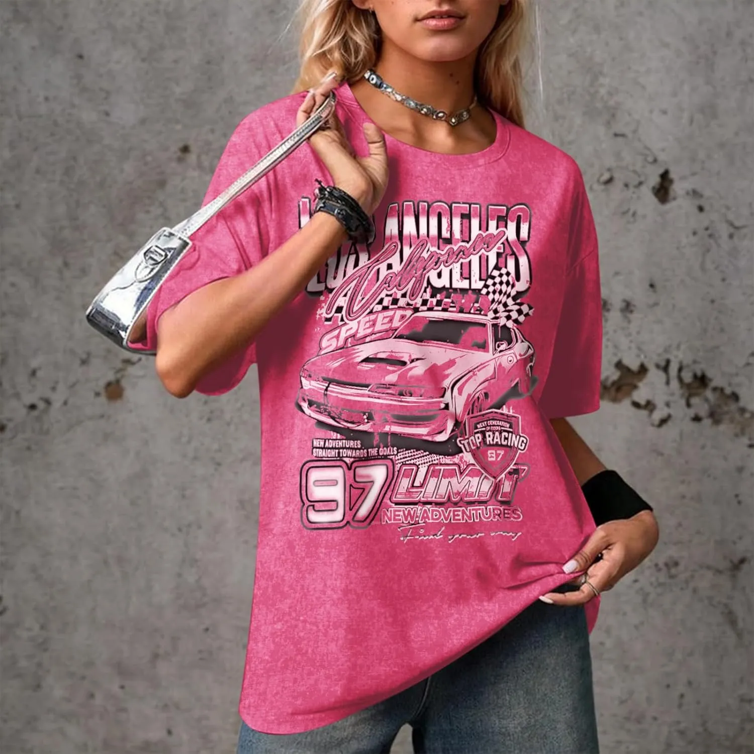 Oversized Graphic Tees for Women Baggy Streetwear Preppy Shirts for Teens Race Car Checkered Flag Drop Shoulder Top