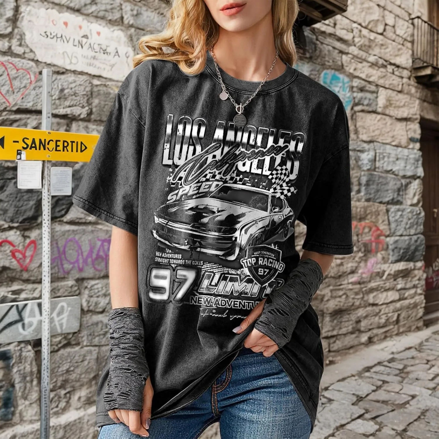 Oversized Graphic Tees for Women Baggy Streetwear Preppy Shirts for Teens Race Car Checkered Flag Drop Shoulder Top