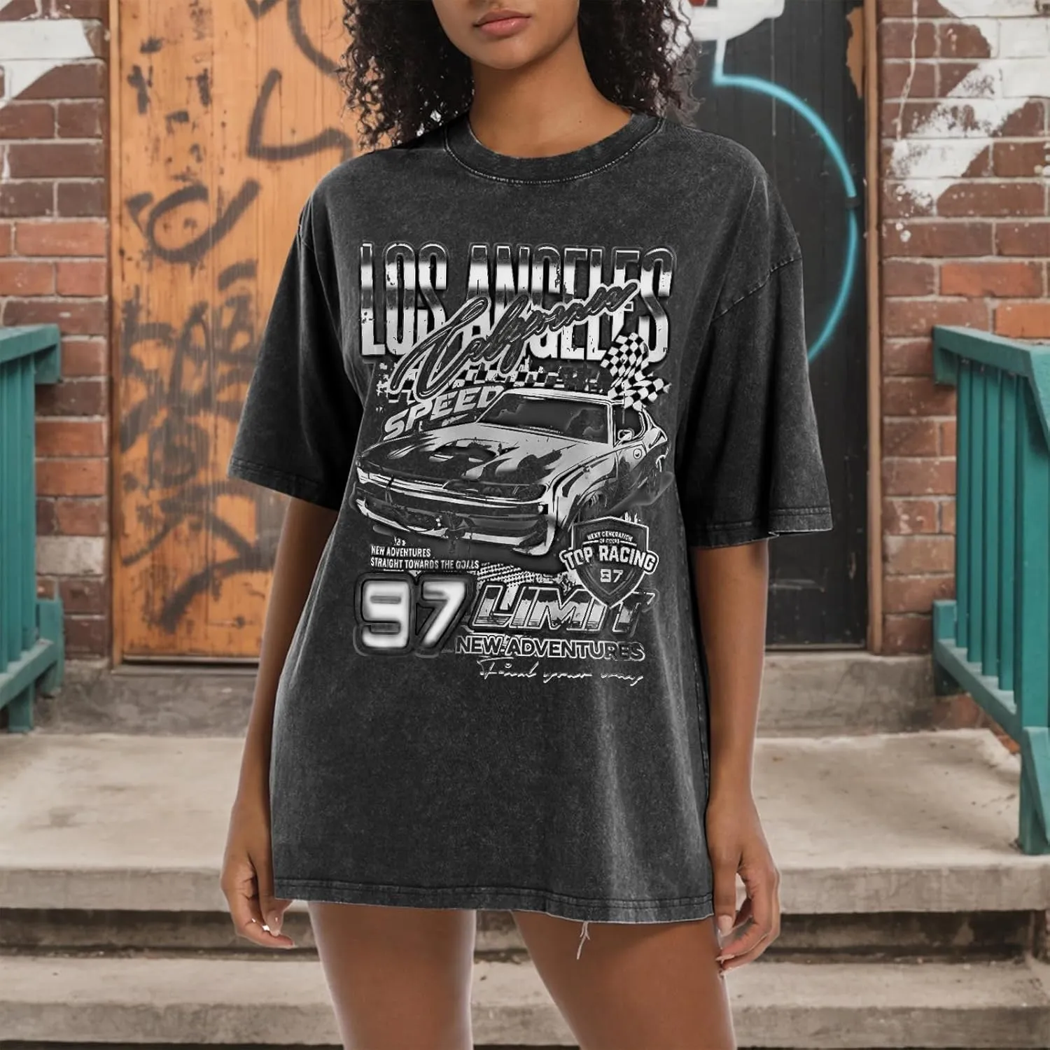 Oversized Graphic Tees for Women Baggy Streetwear Preppy Shirts for Teens Race Car Checkered Flag Drop Shoulder Top