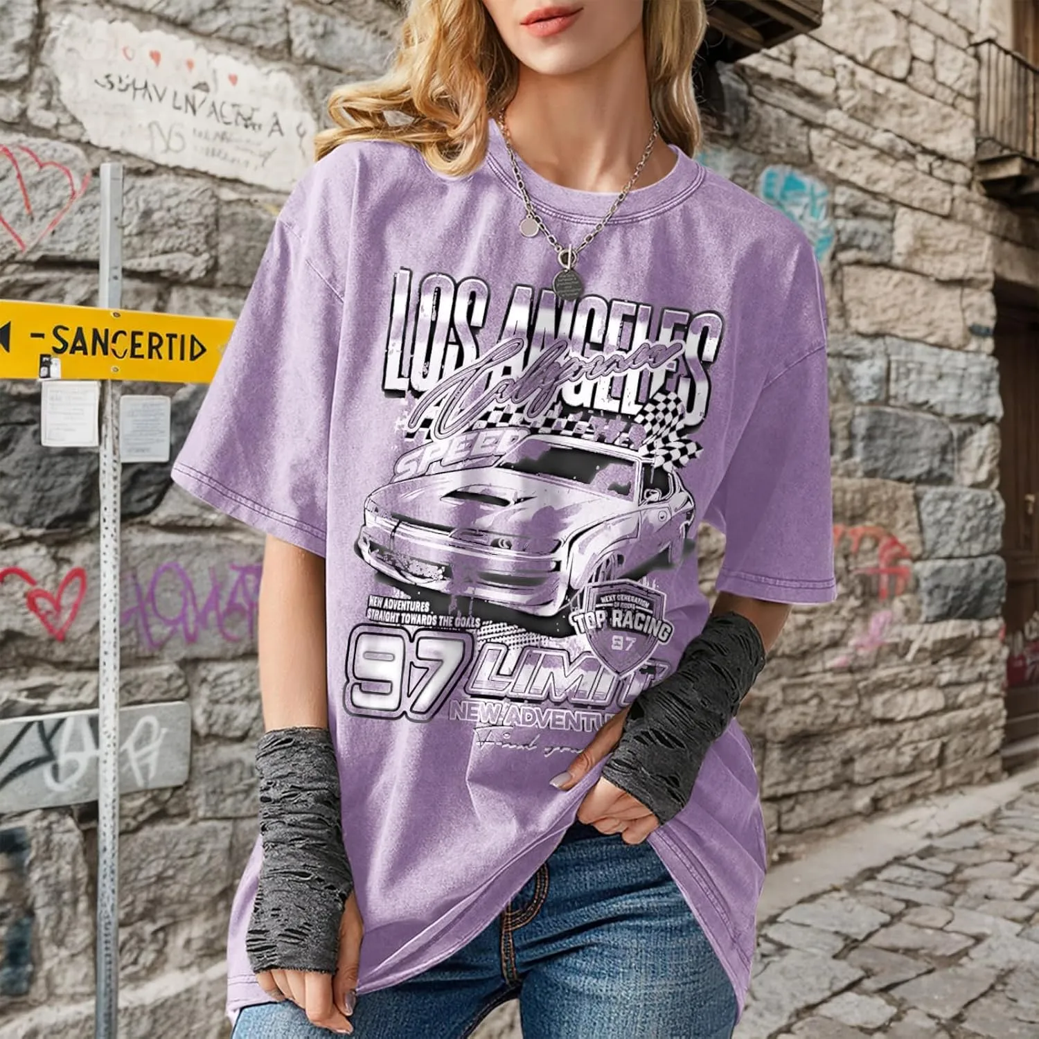 Oversized Graphic Tees for Women Baggy Streetwear Preppy Shirts for Teens Race Car Checkered Flag Drop Shoulder Top