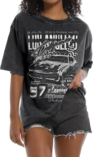 Oversized Graphic Tees for Women Baggy Streetwear Preppy Shirts for Teens Race Car Checkered Flag Drop Shoulder Top