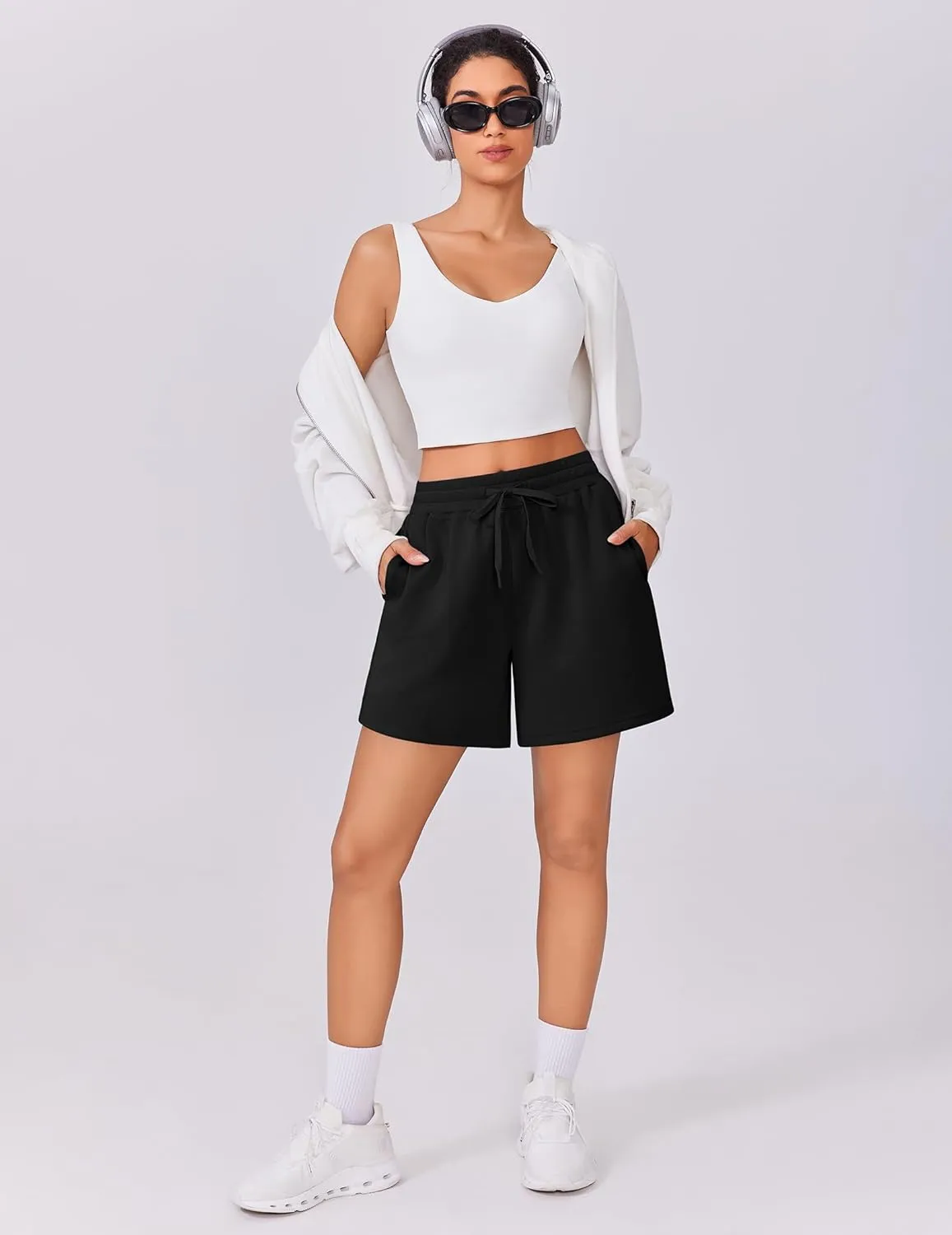 PINSPARK Womens Athletic Sweat Shorts Soft Drawstring High Waisted Active Short Comfy Casual Lounge Shorts with Pockets
