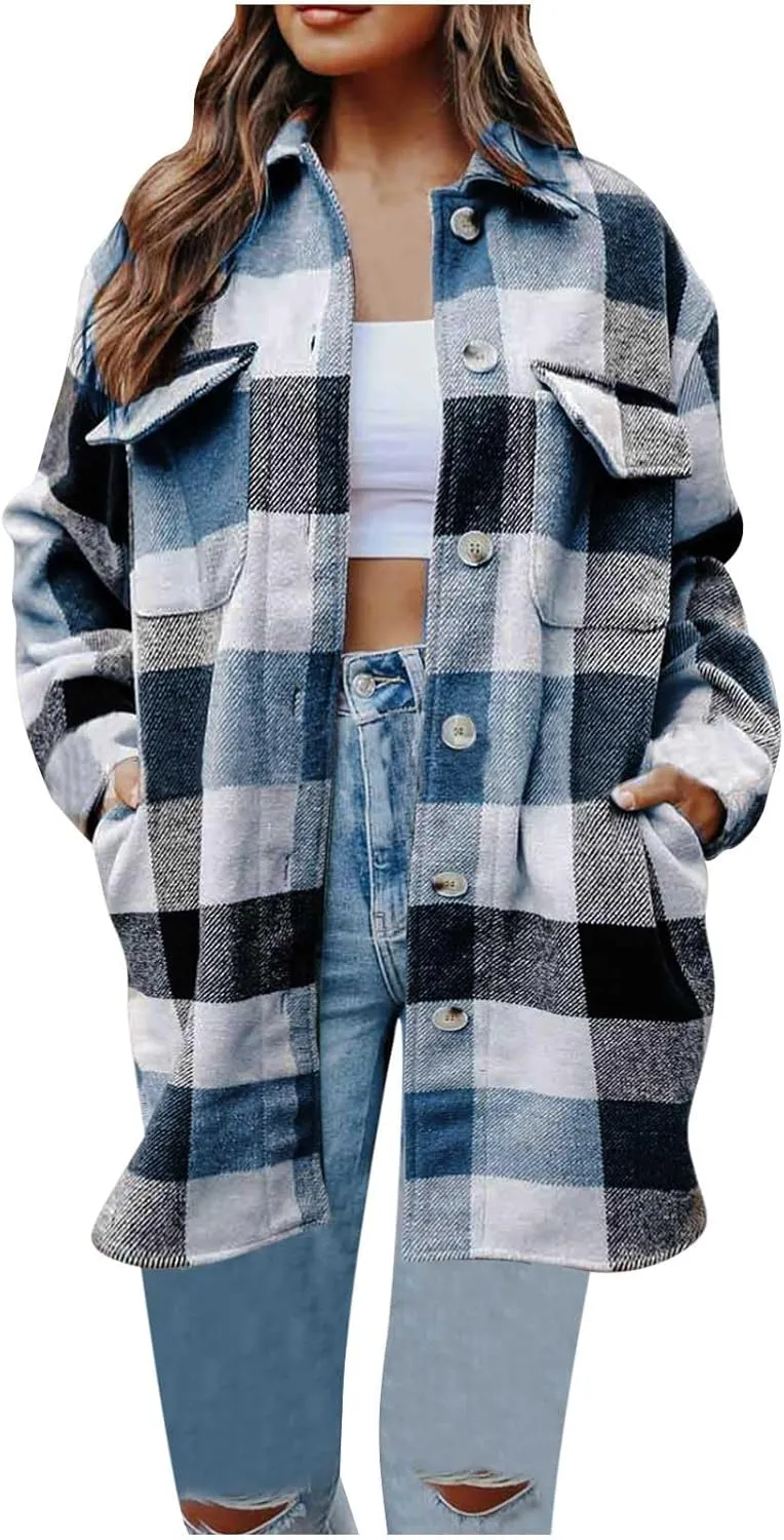 Plaid Trench Coat Women Single Breasted Pea Coat Wool Blend Long Coat Vintage Trench Coats Falll Winter Outfits