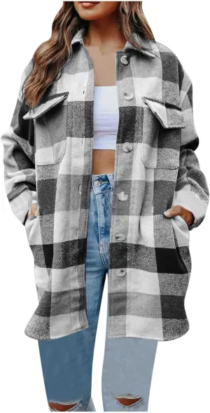 Plaid Trench Coat Women Single Breasted Pea Coat Wool Blend Long Coat Vintage Trench Coats Falll Winter Outfits