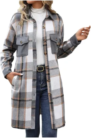 Plaid Trench Coat Women Single Breasted Pea Coat Wool Blend Long Coat Vintage Trench Coats Falll Winter Outfits