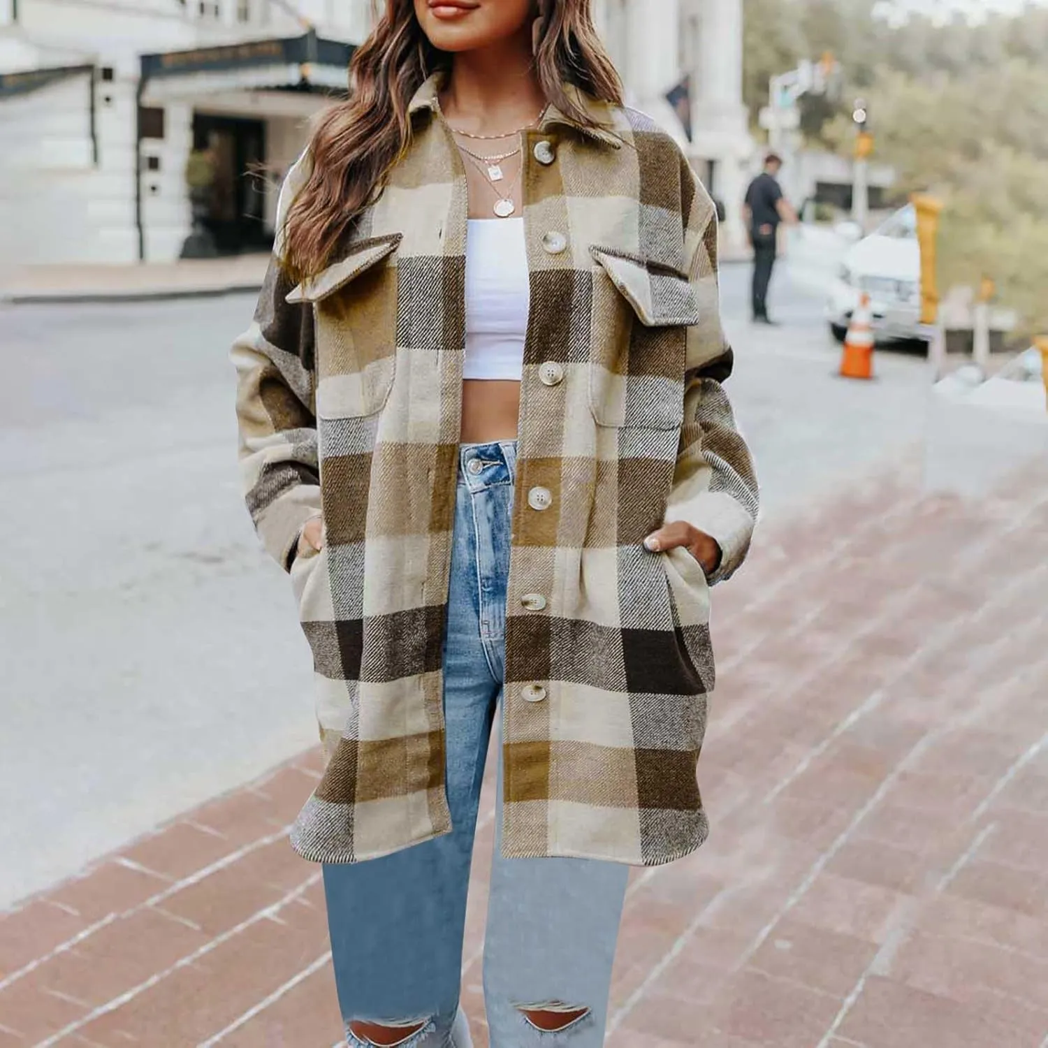 Plaid Trench Coat Women Single Breasted Pea Coat Wool Blend Long Coat Vintage Trench Coats Falll Winter Outfits