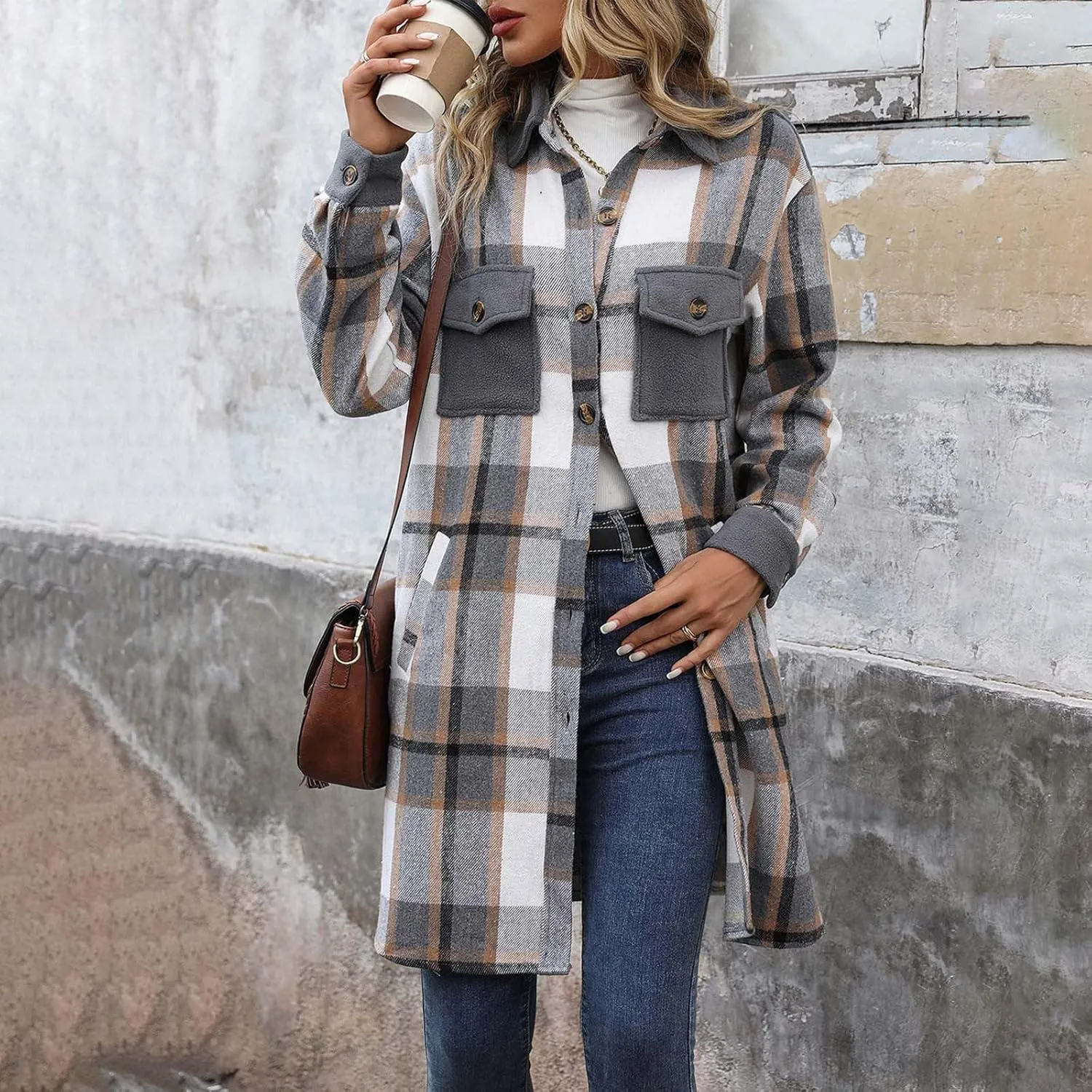 Plaid Trench Coat Women Single Breasted Pea Coat Wool Blend Long Coat Vintage Trench Coats Falll Winter Outfits