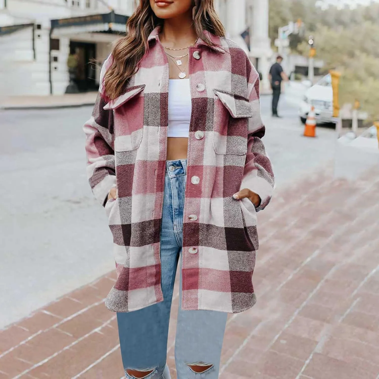 Plaid Trench Coat Women Single Breasted Pea Coat Wool Blend Long Coat Vintage Trench Coats Falll Winter Outfits