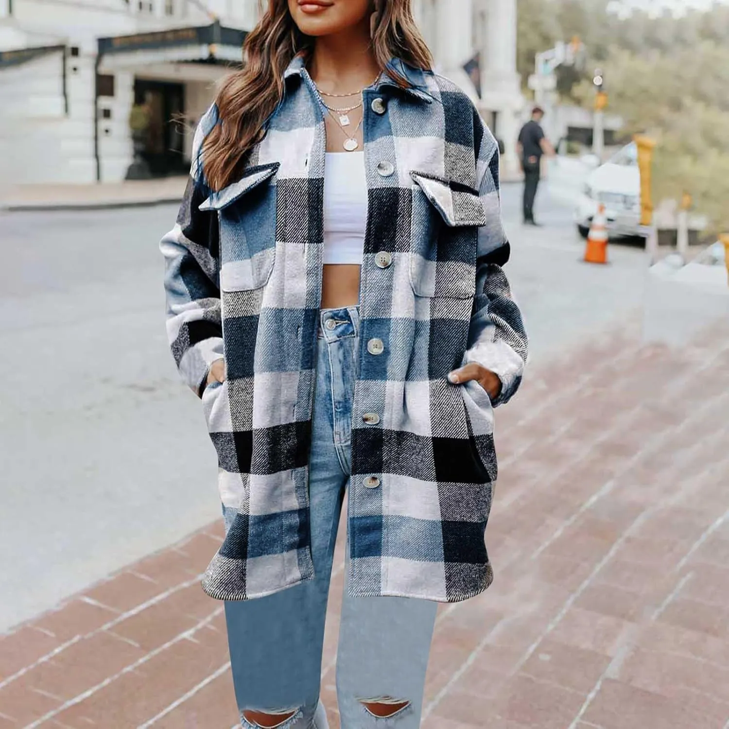 Plaid Trench Coat Women Single Breasted Pea Coat Wool Blend Long Coat Vintage Trench Coats Falll Winter Outfits