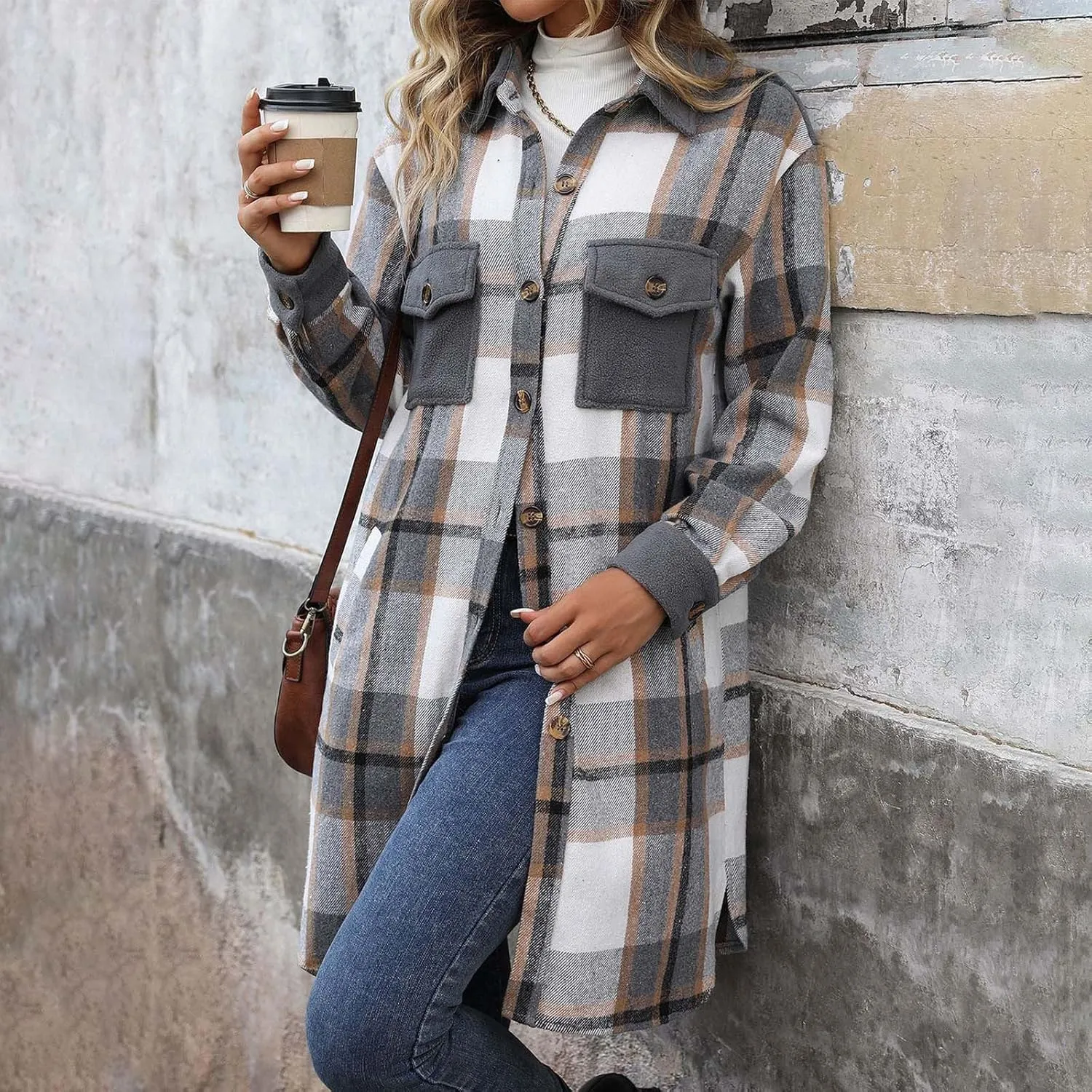 Plaid Trench Coat Women Single Breasted Pea Coat Wool Blend Long Coat Vintage Trench Coats Falll Winter Outfits