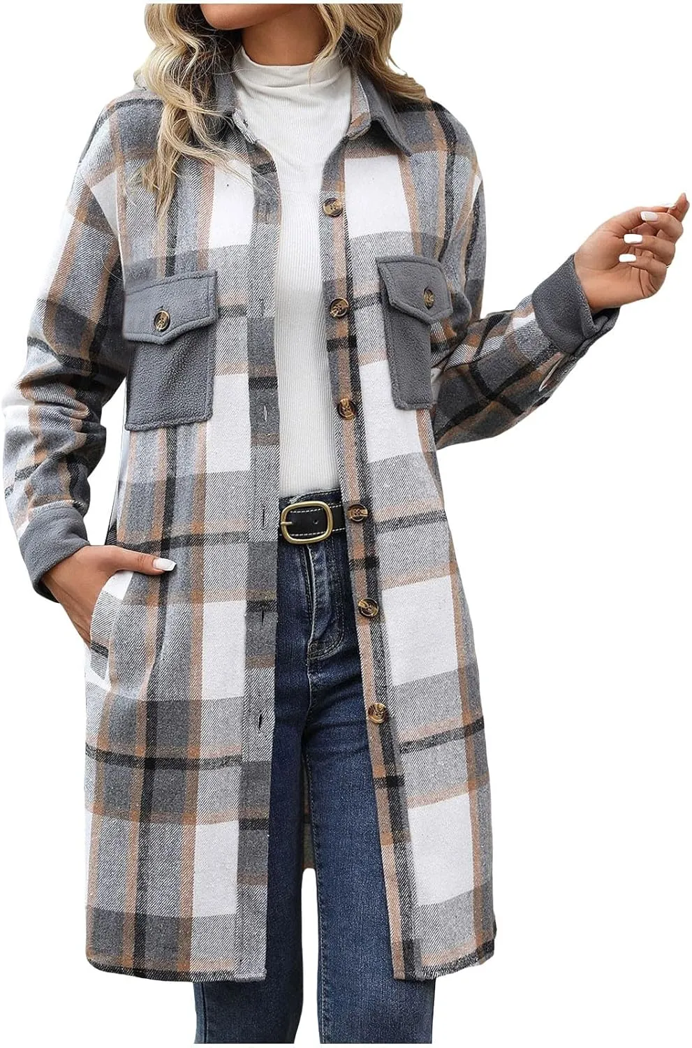 Plaid Trench Coat Women Single Breasted Pea Coat Wool Blend Long Coat Vintage Trench Coats Falll Winter Outfits
