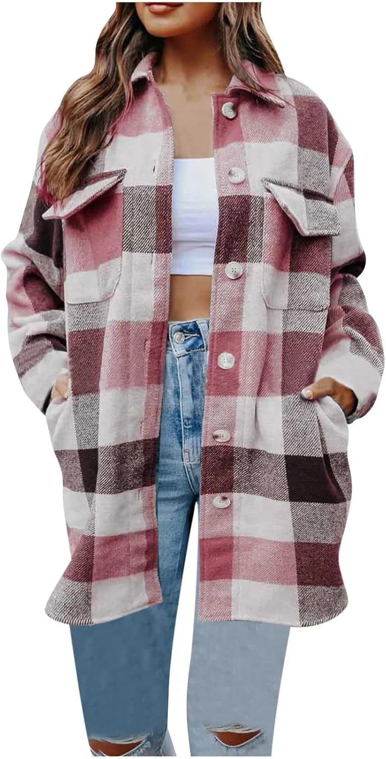 Plaid Trench Coat Women Single Breasted Pea Coat Wool Blend Long Coat Vintage Trench Coats Falll Winter Outfits