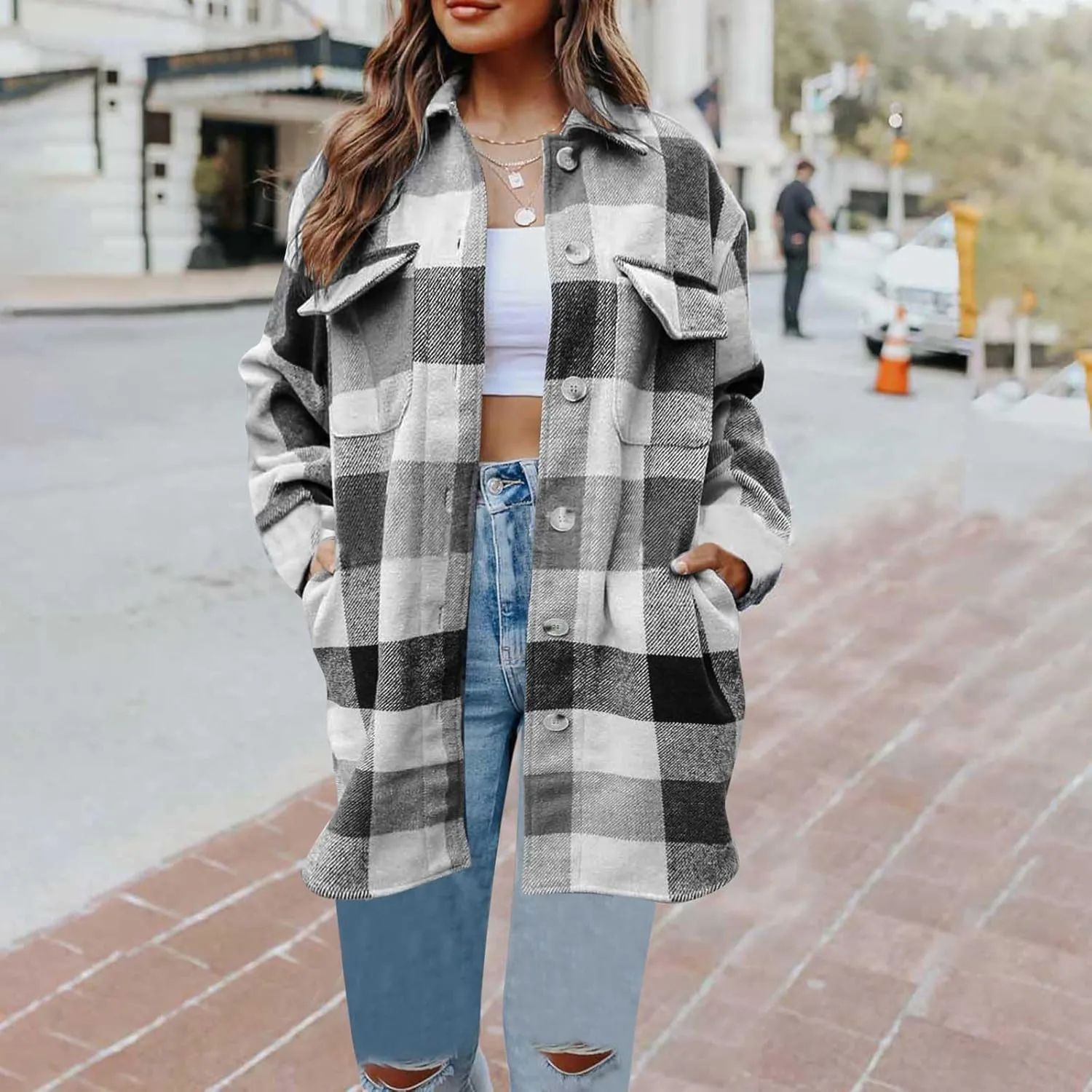 Plaid Trench Coat Women Single Breasted Pea Coat Wool Blend Long Coat Vintage Trench Coats Falll Winter Outfits