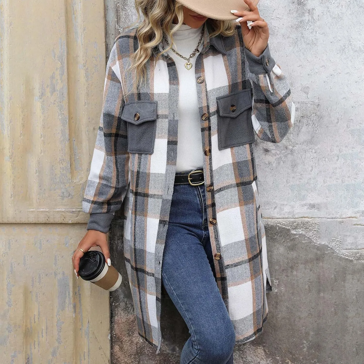 Plaid Trench Coat Women Single Breasted Pea Coat Wool Blend Long Coat Vintage Trench Coats Falll Winter Outfits
