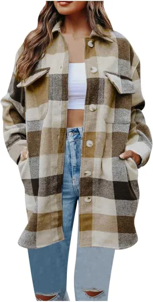 Plaid Trench Coat Women Single Breasted Pea Coat Wool Blend Long Coat Vintage Trench Coats Falll Winter Outfits