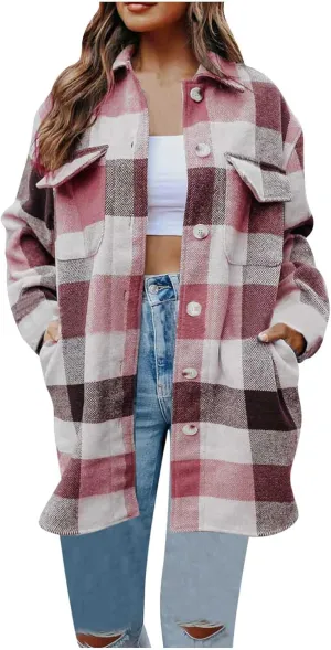 Plaid Trench Coat Women Single Breasted Pea Coat Wool Blend Long Coat Vintage Trench Coats Falll Winter Outfits