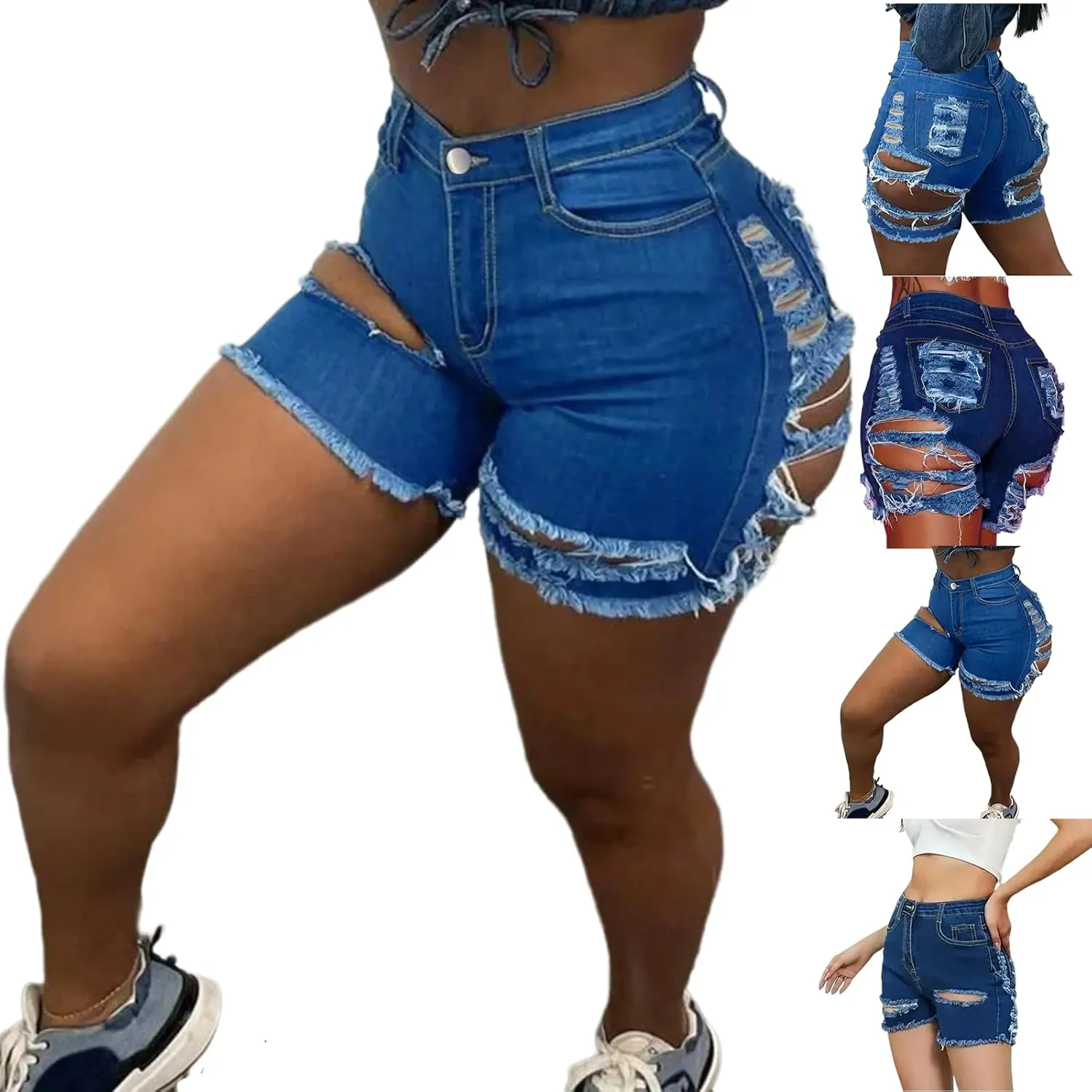Plus Size Jean Shorts for Curvy Women Sexy Raw Hem Distressed Jean Shorts Stretchy Casual Ripped High Waisted Jorts