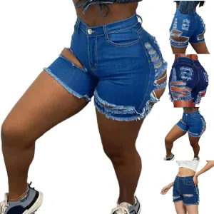Plus Size Jean Shorts for Curvy Women Sexy Raw Hem Distressed Jean Shorts Stretchy Casual Ripped High Waisted Jorts