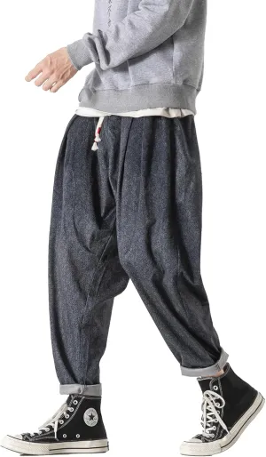 PRIJOUHE Men's Casual Capri Pants Elastic Waist Wide Leg Loose Baggy Harem Pants Breathable Summer Beach Pants