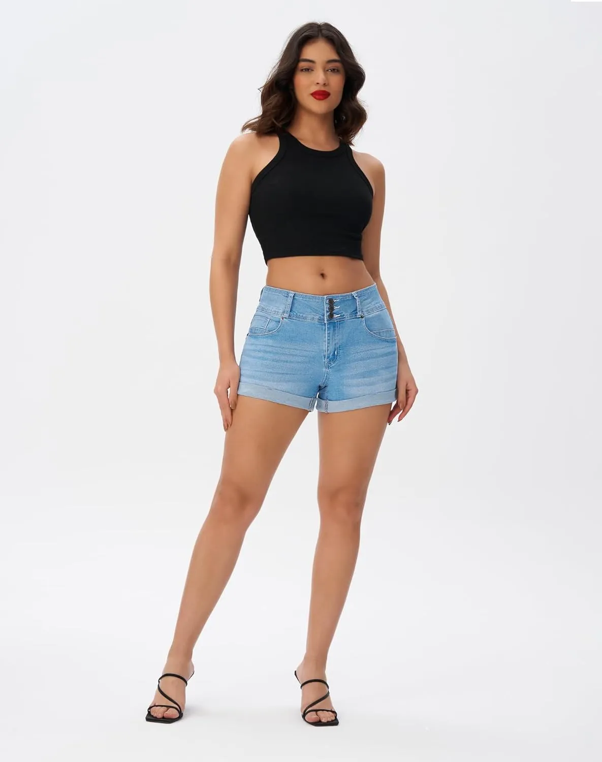 roswear Women's High Waisted Stretchy Denim Shorts Cuffed Jean Shorts