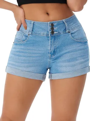 roswear Women's High Waisted Stretchy Denim Shorts Cuffed Jean Shorts